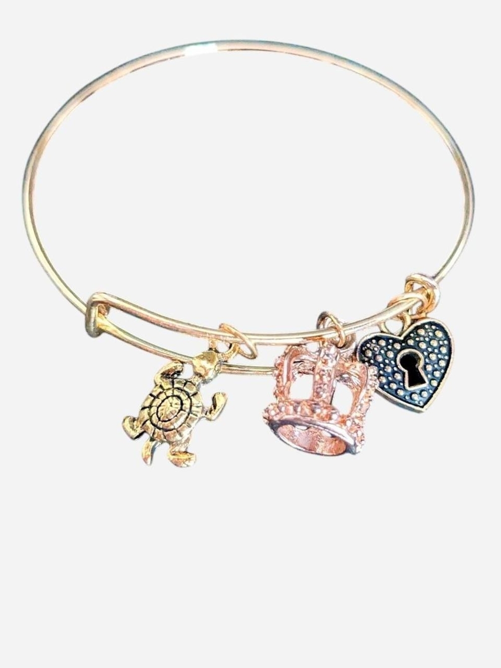 Gold Tone Charm Bangle Bracelet with Turtle, Crown & Heart Lock Charms